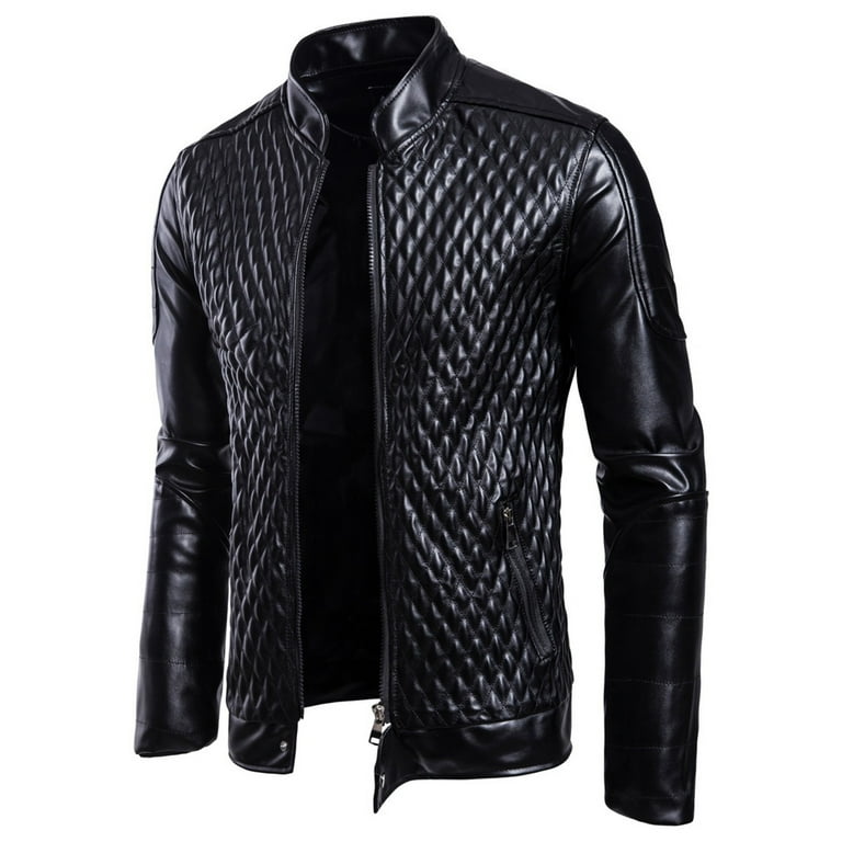 VSSSJ Men's Leather Jacket Regular Fit Long Sleeve Solid Color Stand Collar  Zip Up Coats New Autumn Warm Waterproof Windproof Outwear Black S