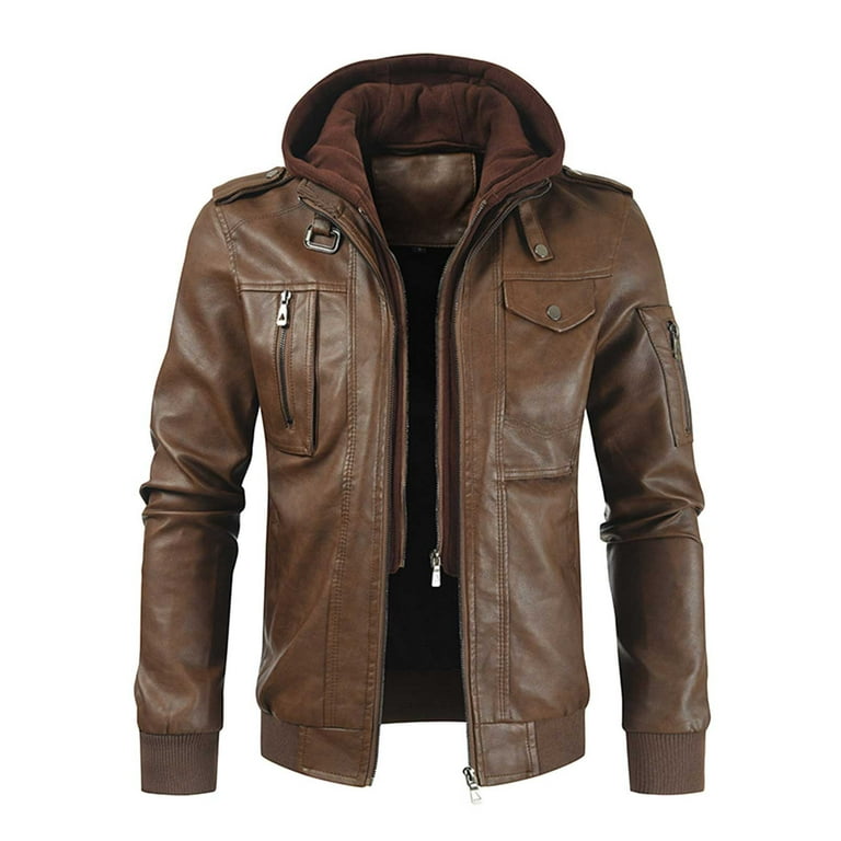 VSSSJ Men s Leather Jackets with Hooded Regular Fit Solid Color Zip Up Long Sleeve Coats Fashion Thickening Windproof Motorcycle Outwear Brown XL Walmart