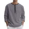 thumbnail image 1 of VSSSJ Men's Linen Henley Shirts Long Sleeve Casual Button T-Shirt Loose Breathable Round Neck Lightweight Pullover Tees Tops Gray S, 1 of 8