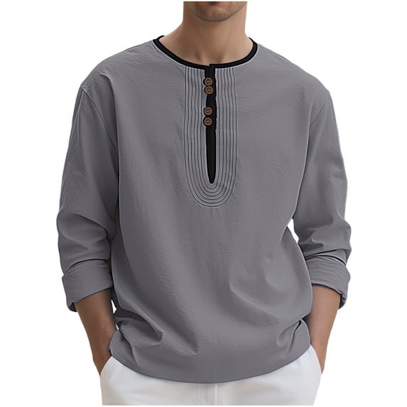 VSSSJ Men's Linen Henley Shirts Long Sleeve Casual Button T-Shirt Loose Breathable Round Neck Lightweight Pullover Tees Tops Gray S