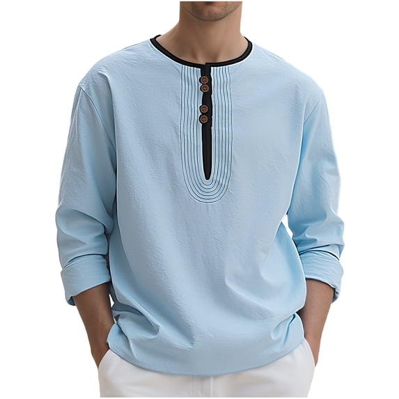 VSSSJ Men's Linen Henley Shirts Long Sleeve Casual Button T-Shirt Loose Breathable Round Neck Lightweight Pullover Tees Tops Light Blue L