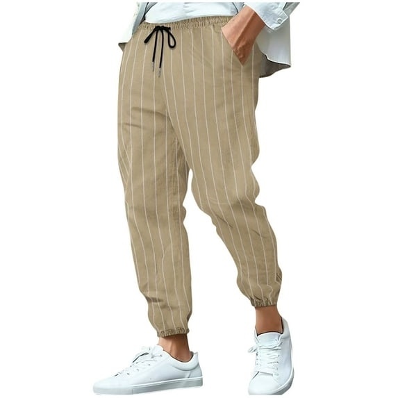 VSSSJ Men's Linen Pants Casual Striped Print Joggers Elastic Drawstring Waist Breathable Outdoor Beach Travel Long Pants with Pockets Khaki XXL