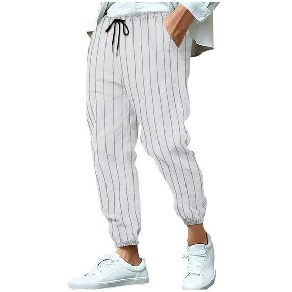 VSSSJ Men's Linen Pants Casual Striped Print Joggers Elastic Drawstring Waist Breathable Outdoor Beach Travel Long Pants with Pockets White M