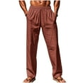thumbnail image 1 of VSSSJ Men's Linen Pants With Pockets Straight Leg Drawstring Elastic Waist Casual Comfortable Breathable Relaxed Fit Long Pants Brown S, 1 of 7