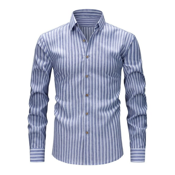 VSSSJ Men's Linen Shirt Striped Long Sleeve Dress Shirt Casual Button Down Regular Fit Lapel Collar Shirt Dark Blue M