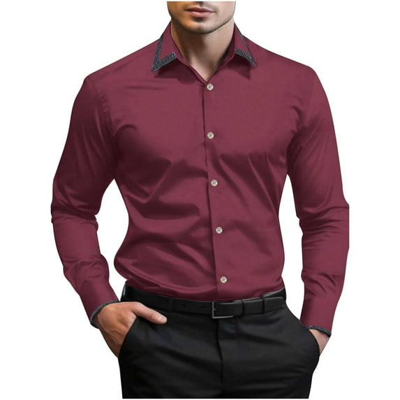 VSSSJ Men's Long Sleeve Button Down Shirt Slim Fit Business Shirt Casual Solid Color Collar Formal Office Dress Shirt Wine L