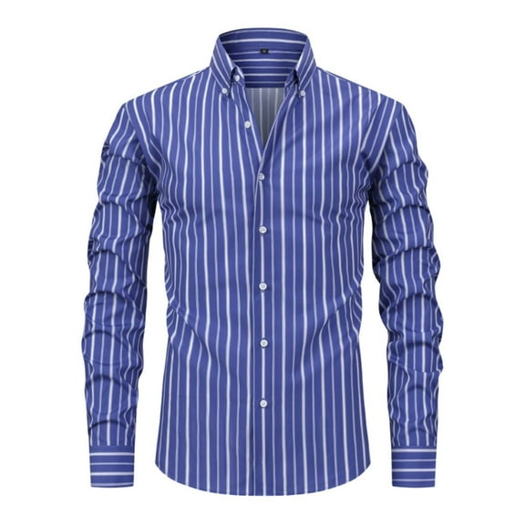 VSSSJ Men's Long Sleeve Button Up Shirts Striped Print Slim Fit Casual Collared Stretch Office Business Formal Dress Shirt Dark Blue M