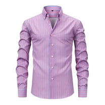 VSSSJ Men's Long Sleeve Button Up Shirts Striped Print Slim Fit Casual Collared Stretch Office Business Formal Dress Shirt Purple XXL