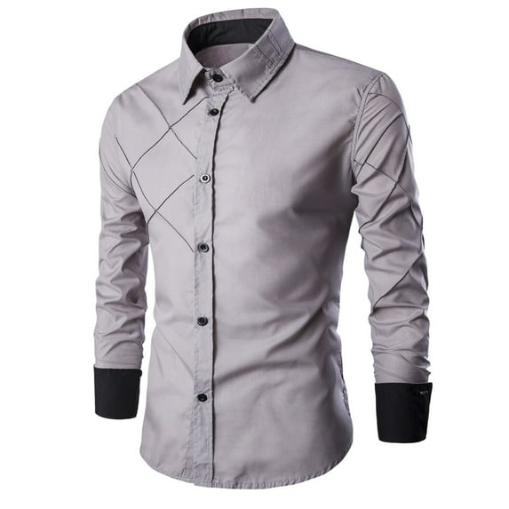 VSSSJ Men's Long Sleeve Dress Shirt Slim Fit Lapel Collar Casual Button Down Shirts Business Formal Shirt Gray L
