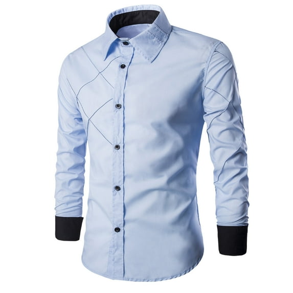 VSSSJ Men's Long Sleeve Dress Shirt Slim Fit Lapel Collar Casual Button Down Shirts Business Formal Shirt Light Blue L