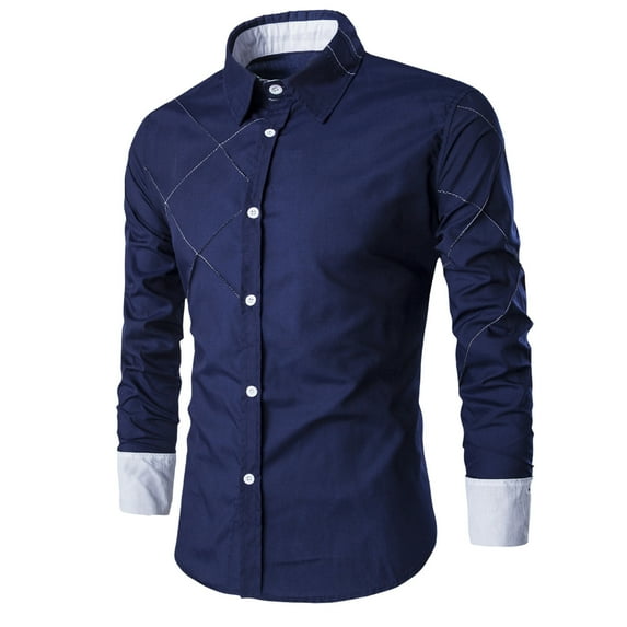VSSSJ Men's Long Sleeve Dress Shirt Slim Fit Lapel Collar Casual Button Down Shirts Business Formal Shirt Navy XL
