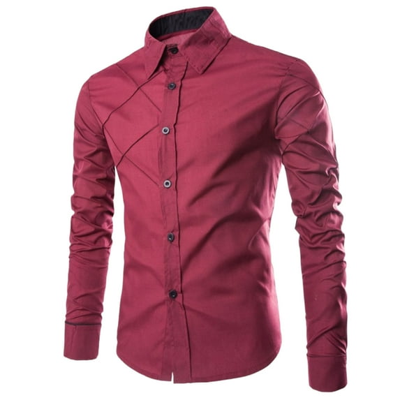VSSSJ Men's Long Sleeve Dress Shirt Slim Fit Lapel Collar Casual Button Down Shirts Business Formal Shirt Wine L