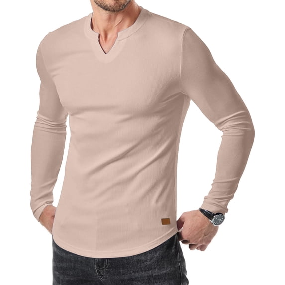 VSSSJ Men's Long Sleeve Muscle T-Shirts Casual Slim Fit V-Neck Solid Color Ribbed Basic Tee Sport Fitness Gym Leisure Lightweight Tops Beige XXXL