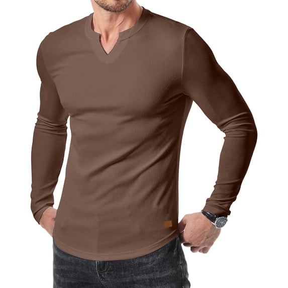 VSSSJ Men's Long Sleeve Muscle T-Shirts Casual Slim Fit V-Neck Solid Color Ribbed Basic Tee Sport Fitness Gym Leisure Lightweight Tops Coffee M