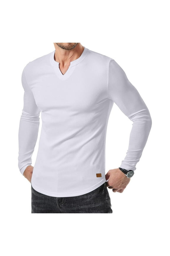 Men's Long Sleeve Muscle T-Shirts Casual Slim Fit V-Neck Solid Color Ribbed Basic Tee Sport Fitness Gym Leisure Lightweight Tops White L