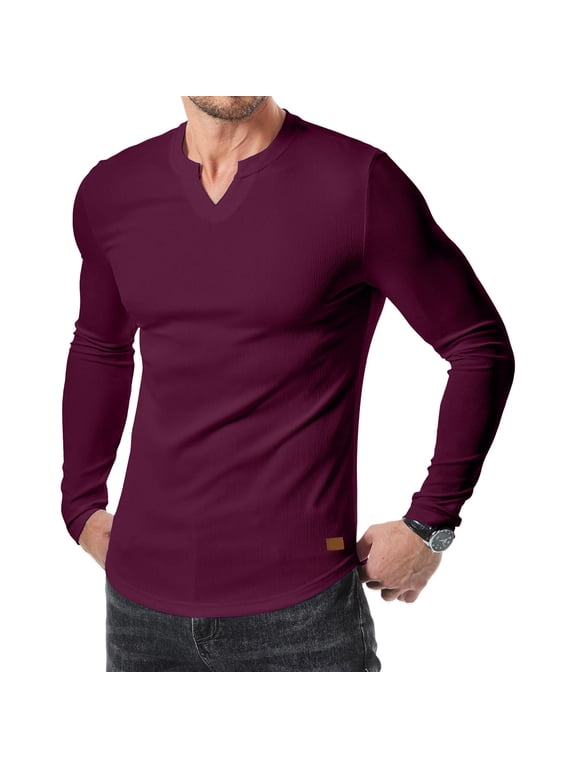 Men's Long Sleeve Muscle T-Shirts Casual Slim Fit V-Neck Solid Color Ribbed Basic Tee Sport Fitness Gym Leisure Lightweight Tops Wine XXXL