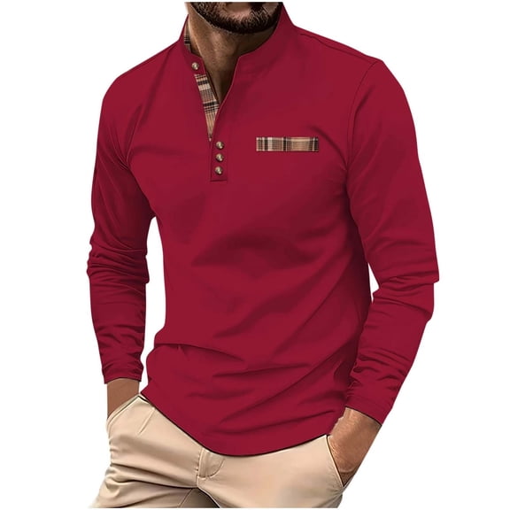 VSSSJ Men's Long Sleeve Pullover Shirt Color Block Button Down Stand Collar Stylish Comfortable Casual Slim Fit Breathable Tops Wine XL