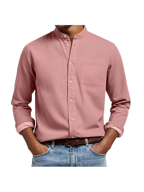 Men's Long Sleeve Shirts Casual Button Down Banded Collar Shirt Solid Color Regular Fit Business Work Shirt Tops with Pocket Pink XXXL