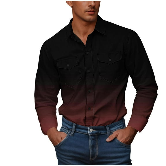 VSSSJ Men's Long Sleeve Shirts Loose Fit Gradient Print Shirts Button Down Pockets Fashion Casual Outdoor Hiking Fishing Work Shirts Rose Gold M