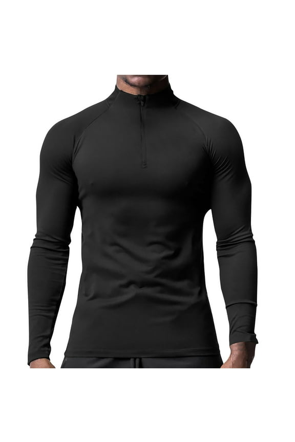Men's Long Sleeve Sports Shirts Slim Fit Zip Up Stand-up Collar Pure Color Simple Cozy Sun Protection Lightweight Breathable Shirt Black XXXL