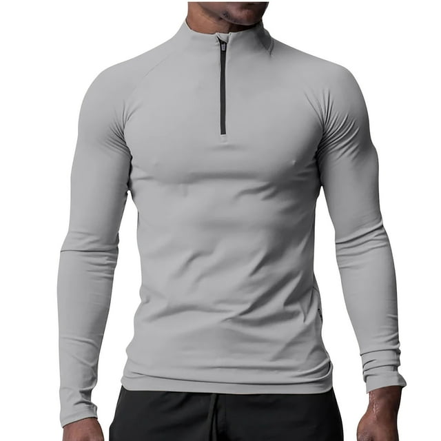 VSSSJ Men's Long Sleeve Sports Shirts Slim Fit Zip Up Stand-up Collar Pure Color Simple Cozy Sun Protection Lightweight Breathable Shirt Gray M