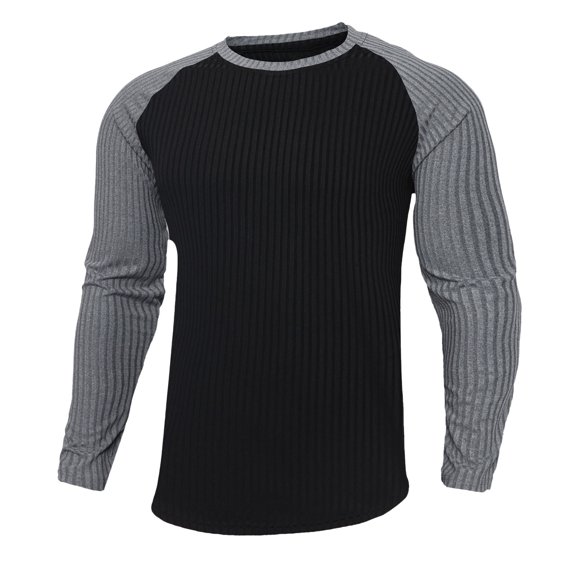 VSSSJ Men's Long Sleeve T-Shirts Raglan Crew Neck Ribbed Pullover Slim Fit Comfy Lightweight Stretchy Sports Undershirts Tops Black L