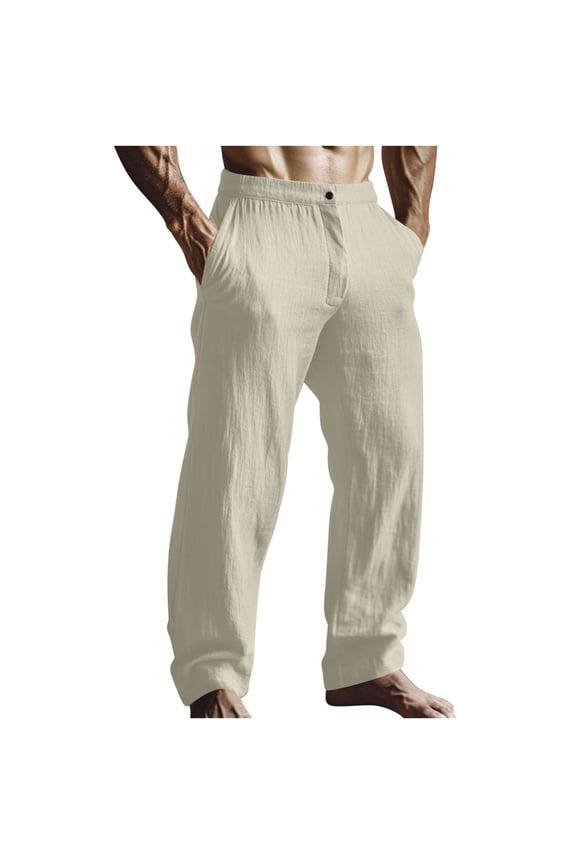 Men's Lounge Pants Casual Wide Leg Zipper Fly Button Comfortable Breathable Loose Fit Outdoor Beach Trousers With Pockets Beige S