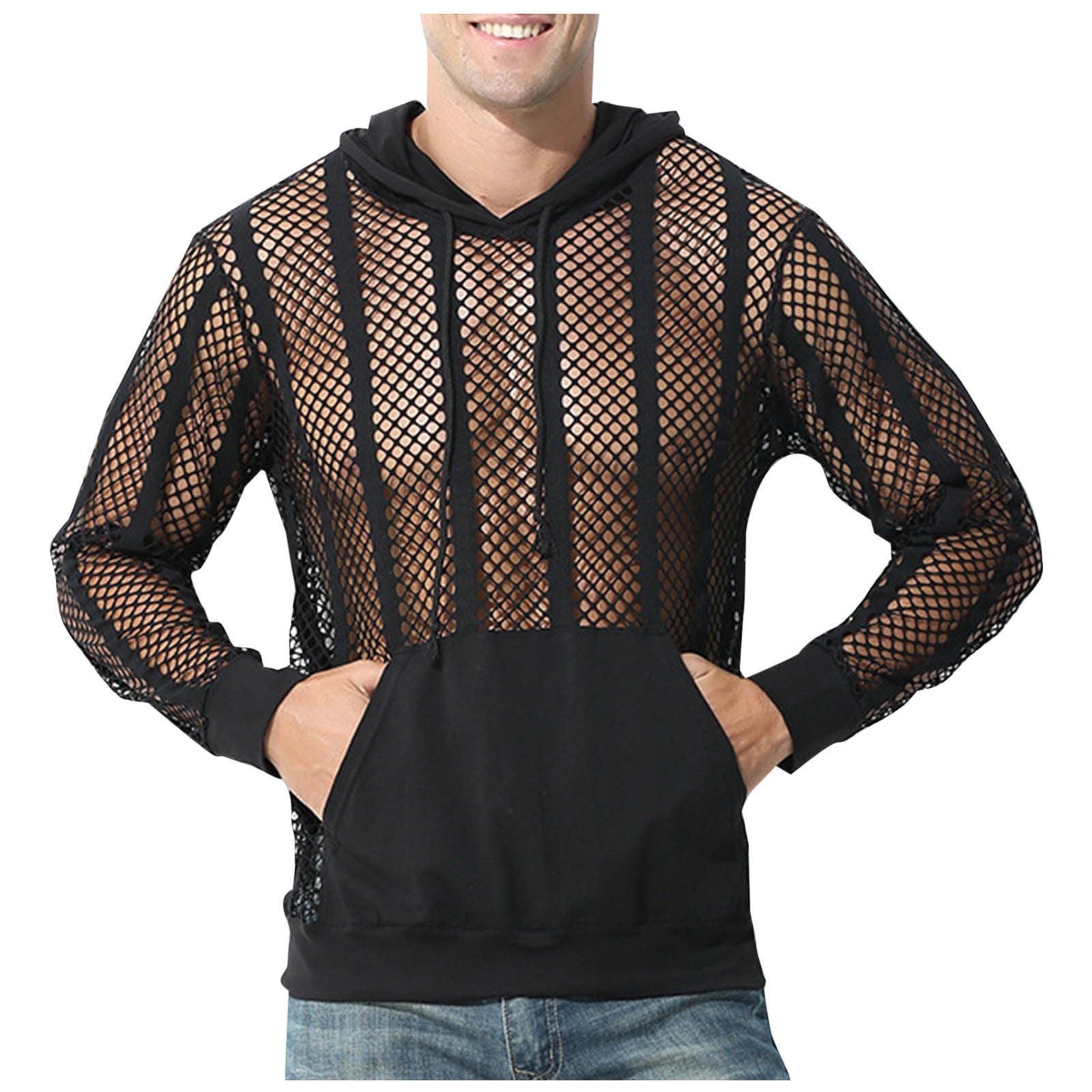 VSSSJ Men's Mesh See Through Hoodie Loose Casual Drawstring