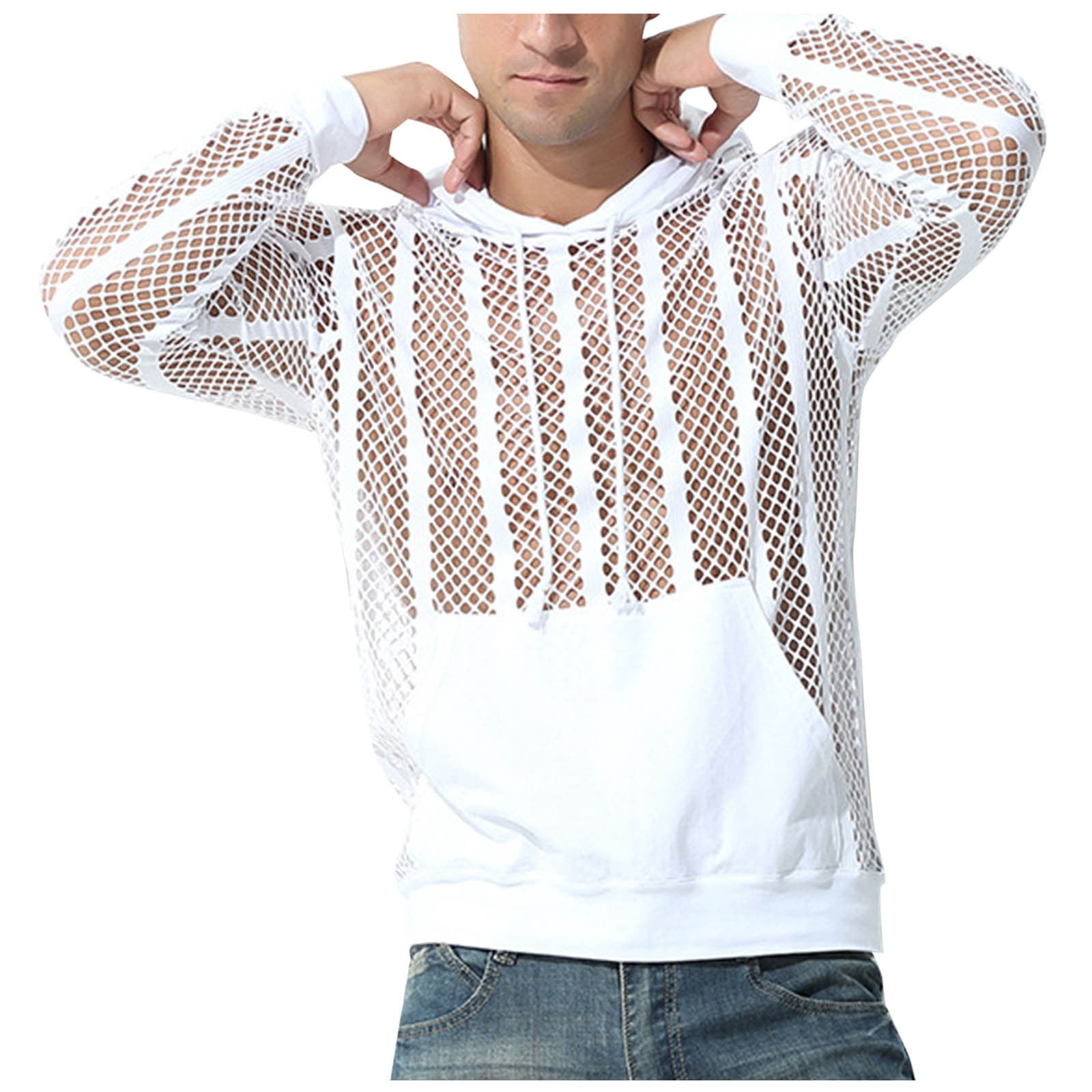 VSSSJ Men's Mesh See Through Hoodie Loose Casual Drawstring