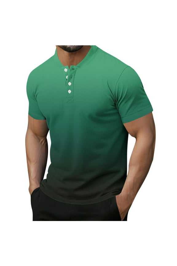 Men's Muscle Henley Shirts Slim Fit Short Sleeve Crewneck Gradient Color T-Shirt Gym Workout Athletic Shirt Tees with Button Green M