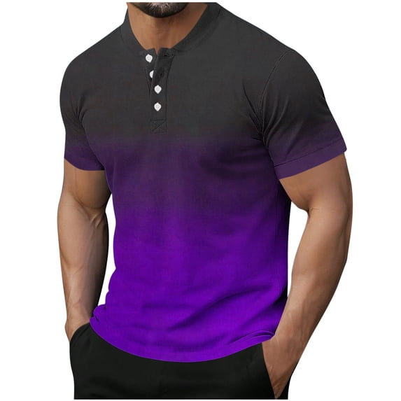 VSSSJ Men's Muscle Henley Shirts Slim Fit Short Sleeve Crewneck Gradient Color T-Shirt Gym Workout Athletic Shirt Tees with Button Purple XXL