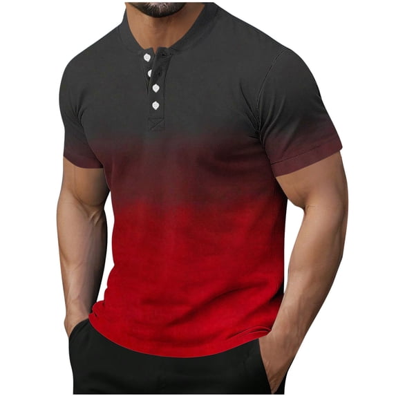 VSSSJ Men's Muscle Henley Shirts Slim Fit Short Sleeve Crewneck Gradient Color T-Shirt Gym Workout Athletic Shirt Tees with Button Red L