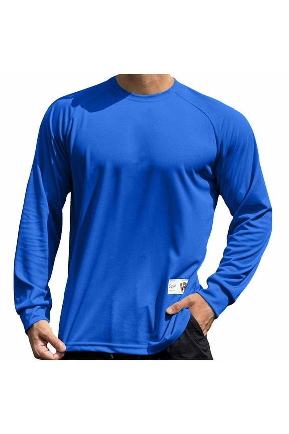 Men's Muscle Shirts Casual Long Sleeve Crewneck Solid Basic Athletic Tops Gym Workout Hiking Running Lightweight Quick Dry T-Shirt Blue XL
