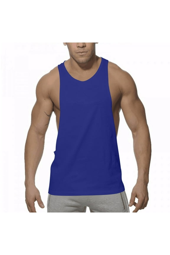 Men's Muscle Tank Tops Cotton Sleeveless Cut Off Athletic Tee Shirts Bodybuilding Gym Workout Fitness Stringer T-Shirts Blue L