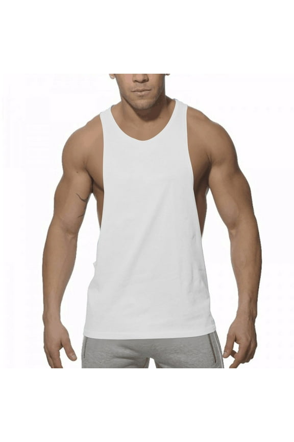 Men's Muscle Tank Tops Cotton Sleeveless Cut Off Athletic Tee Shirts Bodybuilding Gym Workout Fitness Stringer T-Shirts White M