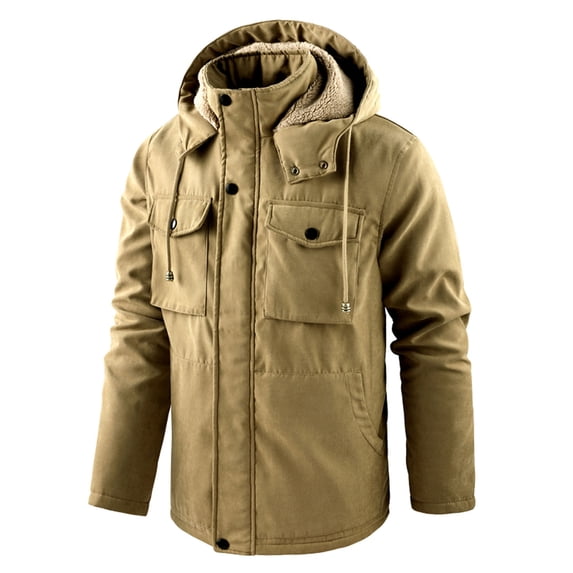 VSSSJ Men's Parkas with Drawstring Hooded Plus Size Solid Color Multi-Pockets Long Sleeve Zip Up Jacket Cotton Plush Warm Baggy Coats Khaki XXXXXL