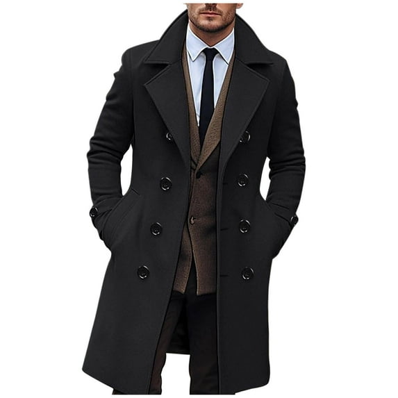VSSSJ Men's Pea Coat Double Breasted Overcoat Notch Lapel Wool Blend Warm Windbreaker Mid Long Trench Coat Winter Classic Overcoat Black XXXL