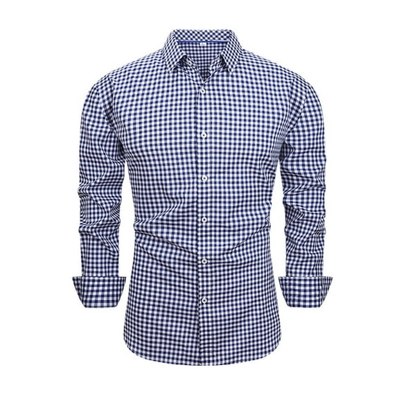 VSSSJ Men's Plaid Button Down Shirts Stretch Long Sleeve Lapel Collar Dress Shirts Regular Fit Casual Business Formal Shirts Dark Blue L