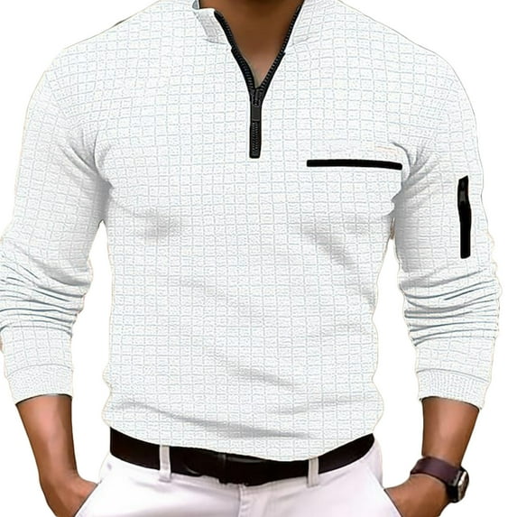 VSSSJ Men's Plaid Print Shirts Regular Fit Long Sleeve Half Zipper Stand Collar Pullover Tops Casual Lightweight Breathable Sport Shirts White XXL