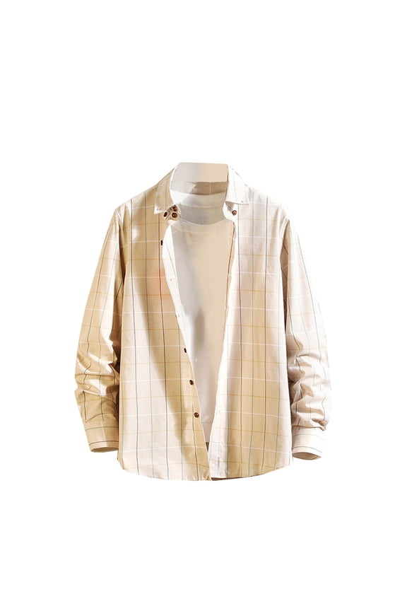 Men's Plaid Shirt Relaxed Fit Long Sleeve Casual Beach Shirts Button Down Lapel Collar Comfortable Lightweight Shirt Jacket Khaki XXL