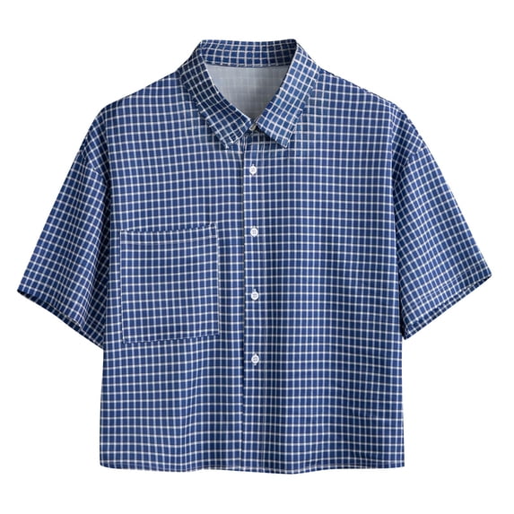 VSSSJ Men's Plaid Shirts Short Sleeve Button Down Crop Tees Tops Gingham Loose Casual Collared Cropped Shirt with Chest Pocket Blue S