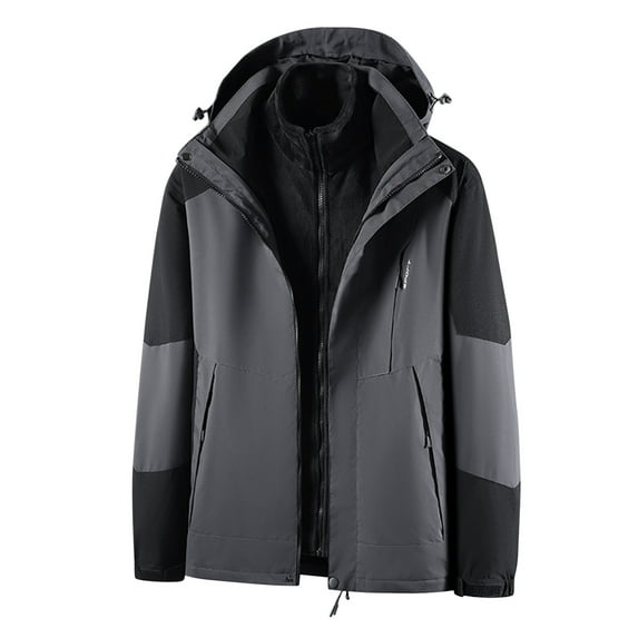 VSSSJ Men's Plus Size 3-in-1 Hooded Coats Fleece Lined Color Block Patchwork Long Sleeve Full Zip Assault Jackets Thickened Outdoor Warm Hiking Skiing Jackets Gray XL