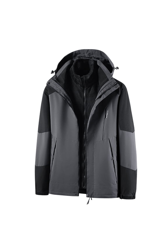 Men's Plus Size 3-in-1 Hooded Coats Fleece Lined Color Block Patchwork Long Sleeve Full Zip Assault Jackets Thickened Outdoor Warm Hiking Skiing Jackets Gray XXL