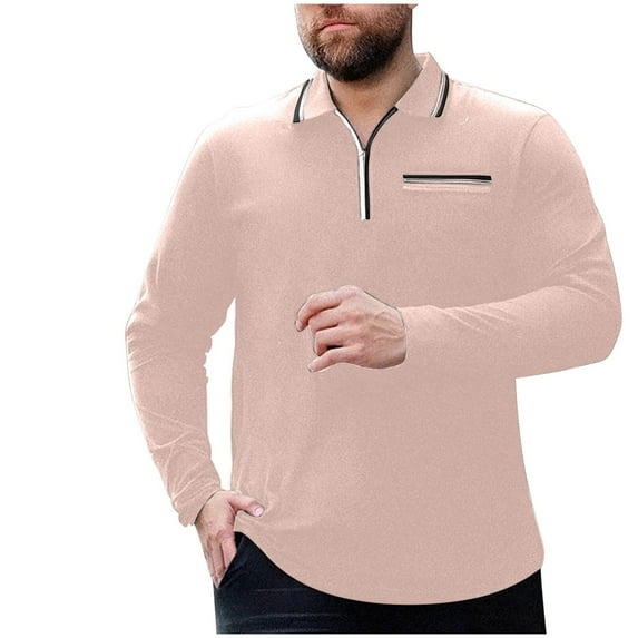 VSSSJ Men's Plus Size T-Shirt Regular Fit Quarter Zip Long Sleeve Lapel Collared Tops Business Casual Golf Shirt with Pocket Pink L