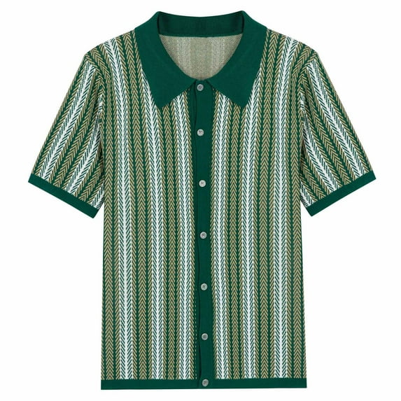 VSSSJ Men's Polo Shirts Retro Knit Short Sleeve Button Down Golf Shirt Vintage Striped Casual Slim Fit Summer Business Shirt Green L