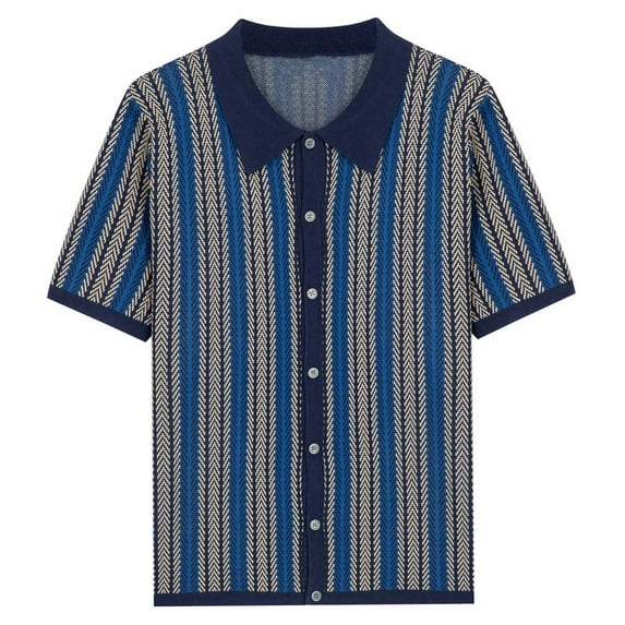 VSSSJ Men's Polo Shirts Retro Knit Short Sleeve Button Down Golf Shirt Vintage Striped Casual Slim Fit Summer Business Shirt Navy XL