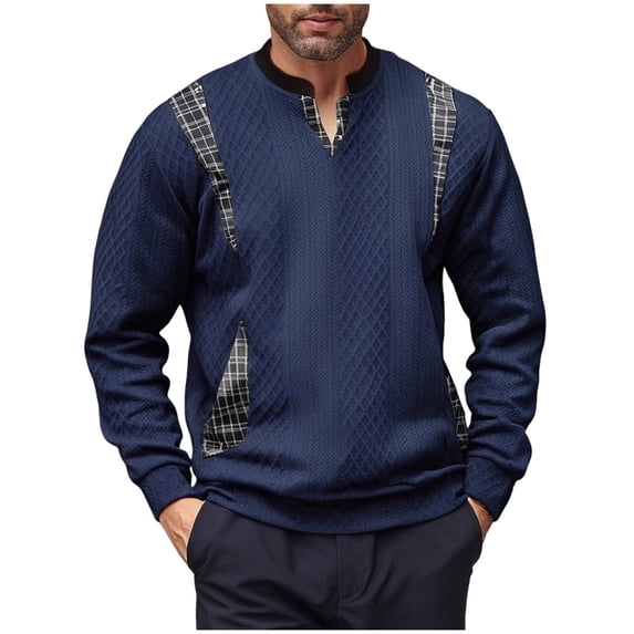 VSSSJ Men's Pullover Sweatshirts Textured Splicing Long Sleeve V Neck Loose Fit Lightweight Sweatshirt Tops Navy L
