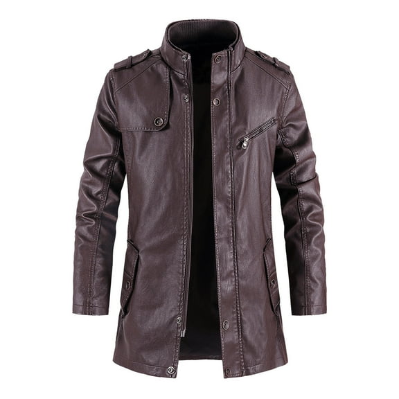 VSSSJ Men's Punk Leather Jacket with Rivets Slim Fit Full Zip Long Sleeve Stand-Up Collar Mid Length Coats Casual Classic Motorcycle Jackets Coffee S