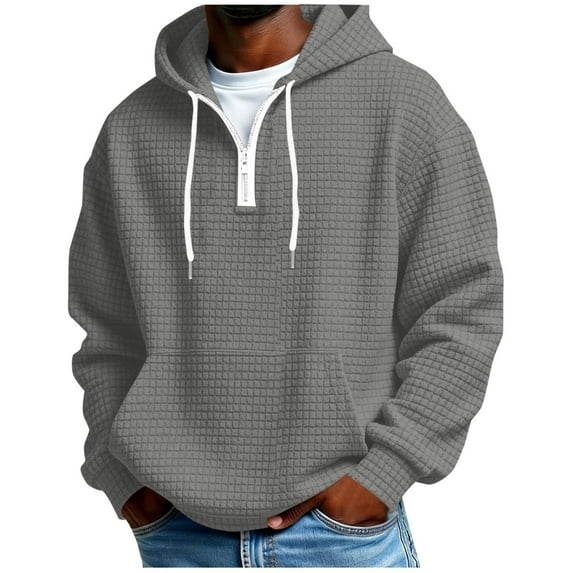 VSSSJ Men's Quarter Zip Hoodies Pullover Casual Loose Waffle Long Sleeve Drawstring Oversized Lightweight Hooded Sweatshirts with Pocket Gray M