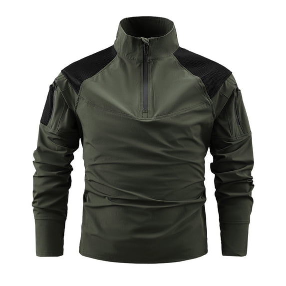VSSSJ Men's Quarter Zip Pullover Color Block Long Sleeve Stand Collar Outdoor Work Shirt Quick Dry Stretch Hiking Sport Tops Green XXXL